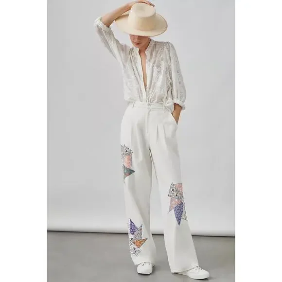 New Anthropologie x Forever That Girl Quilted Patchwork Trousers Size XL - Picture 2 of 11